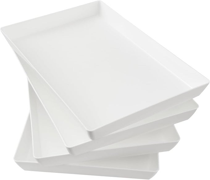 WHITE PLASTIC SERVING TRAYS SET OF 4 15 X 10 LARGE UNBREAKABLE REUSABLE RECTANGULAR PARTY PLATTERS SERVE APPETIZERS FRUIT VEGGIES DESSERTS BPAFREE MADE IN USA