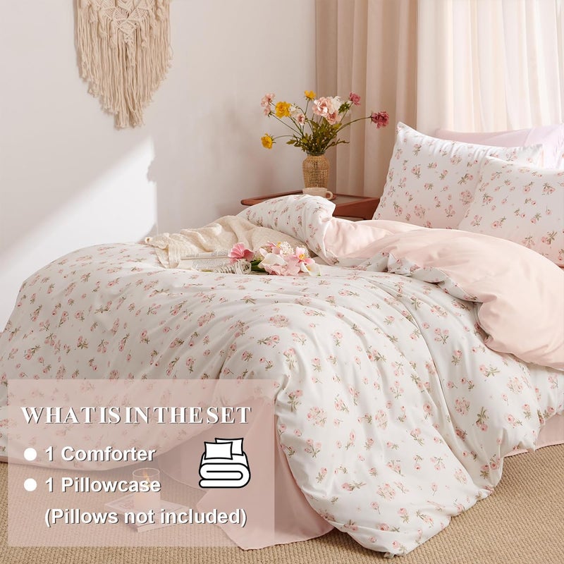 Erwinmu Floral Comforter Set Twin Size - 2 Pieces Pink White Floral Comforter Bedding Sets Reversible Pattern,Twin Bed in a Bag with Flowers Comforter and 1 Pillowcase - Image 2