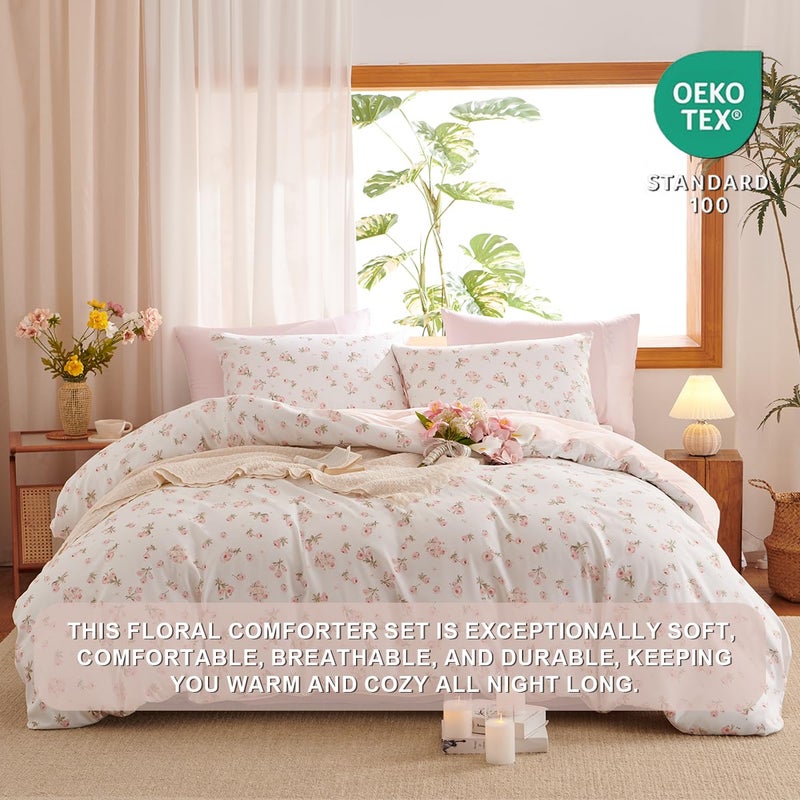 Erwinmu Floral Comforter Set Twin Size - 2 Pieces Pink White Floral Comforter Bedding Sets Reversible Pattern,Twin Bed in a Bag with Flowers Comforter and 1 Pillowcase - Image 5