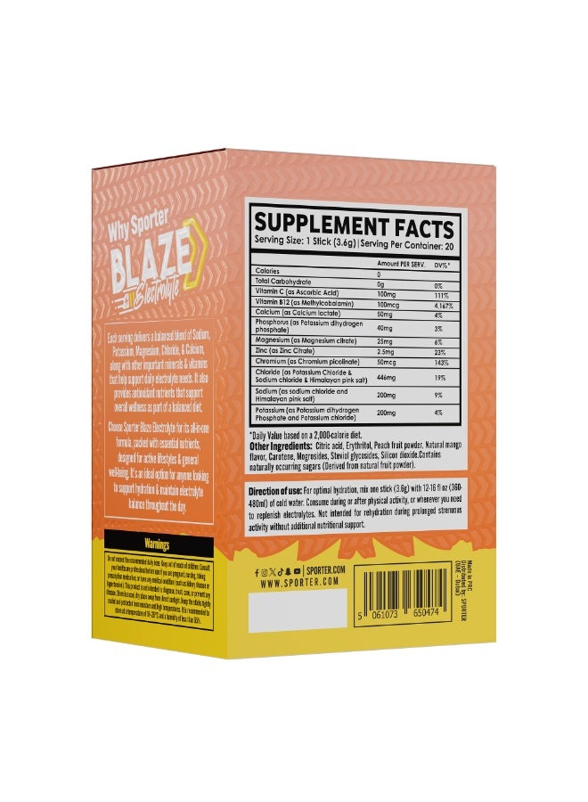 Sporter Blaze Electrolyte Peach Mango Flavor – 20 Sticks, 6 Essential Electrolytes, Sugar Free Hydration Support - Image 2