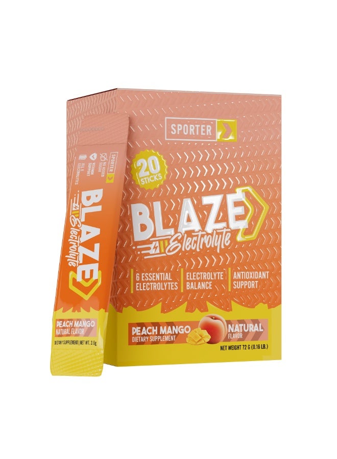 Sporter Blaze Electrolyte Peach Mango Flavor – 20 Sticks, 6 Essential Electrolytes, Sugar Free Hydration Support - Image 1
