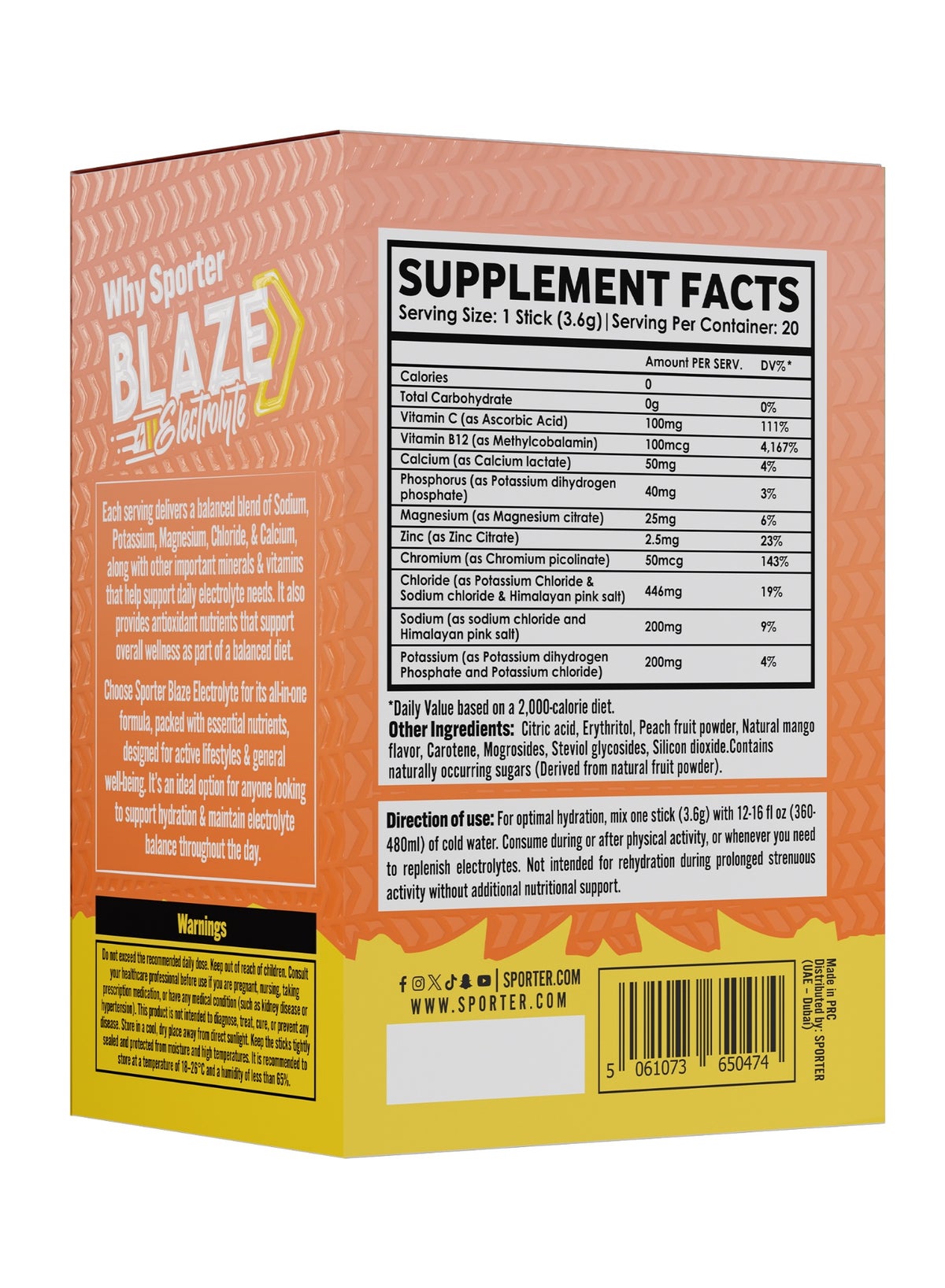 Sporter Blaze Electrolyte Peach Mango Flavor – 20 Sticks, 6 Essential Electrolytes, Sugar Free Hydration Support