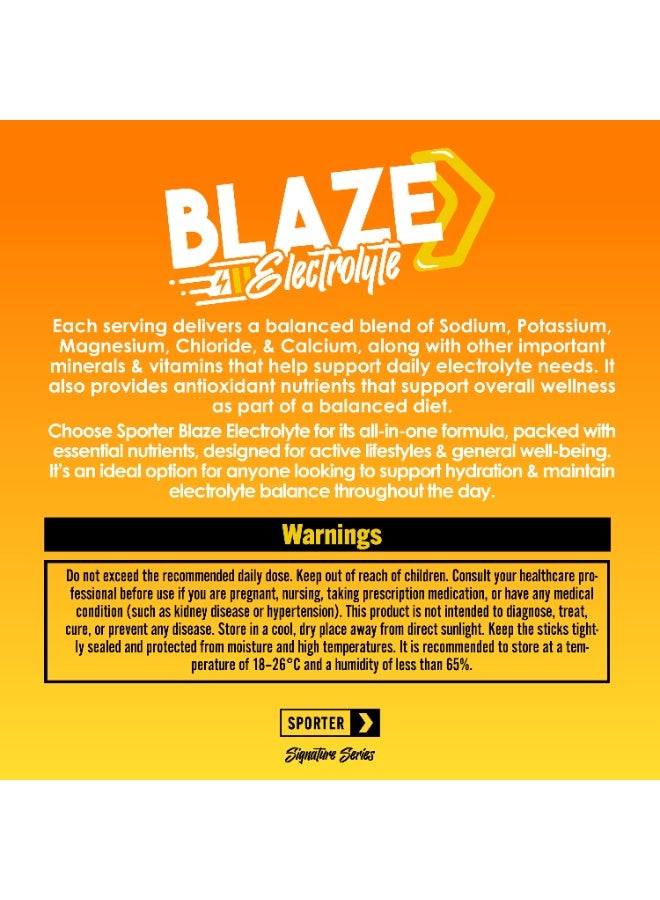 Sporter Blaze Electrolyte Peach Mango Flavor – 20 Sticks, 6 Essential Electrolytes, Sugar Free Hydration Support