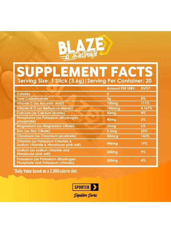 Sporter Blaze Electrolyte Peach Mango Flavor – 20 Sticks, 6 Essential Electrolytes, Sugar Free Hydration Support