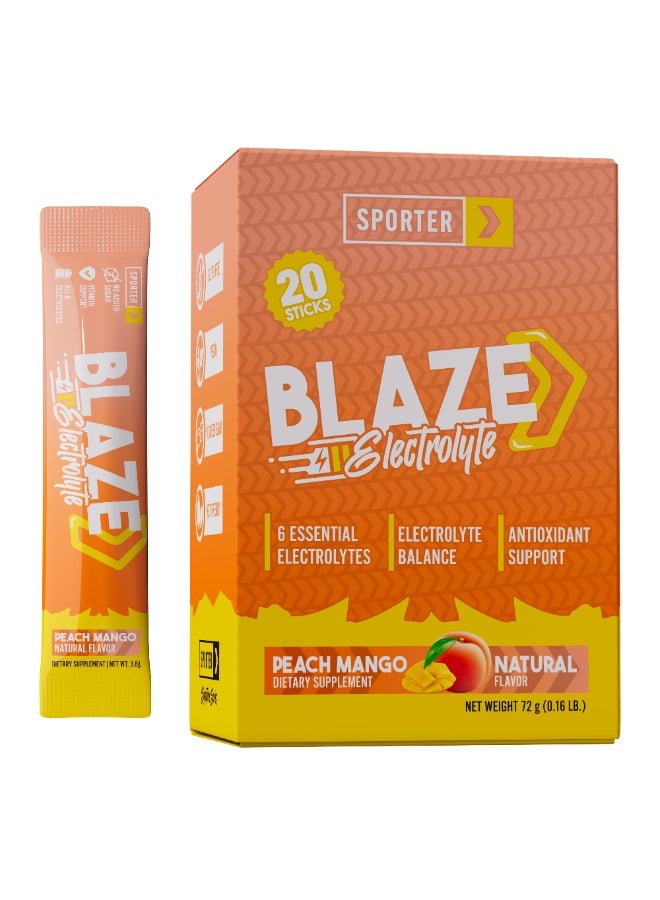 Sporter Blaze Electrolyte Peach Mango Flavor – 20 Sticks, 6 Essential Electrolytes, Sugar Free Hydration Support