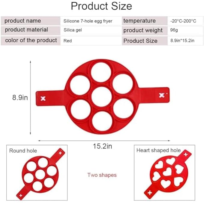 Bukela Omelette Mold Pancake Mold Ring 2 Silicone Pancake Molds 7 Holes Heart Reusable Silicone NonStick Pancake Tool Egg Ring For Egg Maker Makes Right Shape Red - Image 5