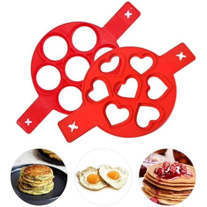 Bukela Omelette Mold Pancake Mold Ring 2 Silicone Pancake Molds 7 Holes Heart Reusable Silicone NonStick Pancake Tool Egg Ring For Egg Maker Makes Right Shape Red - Image 2