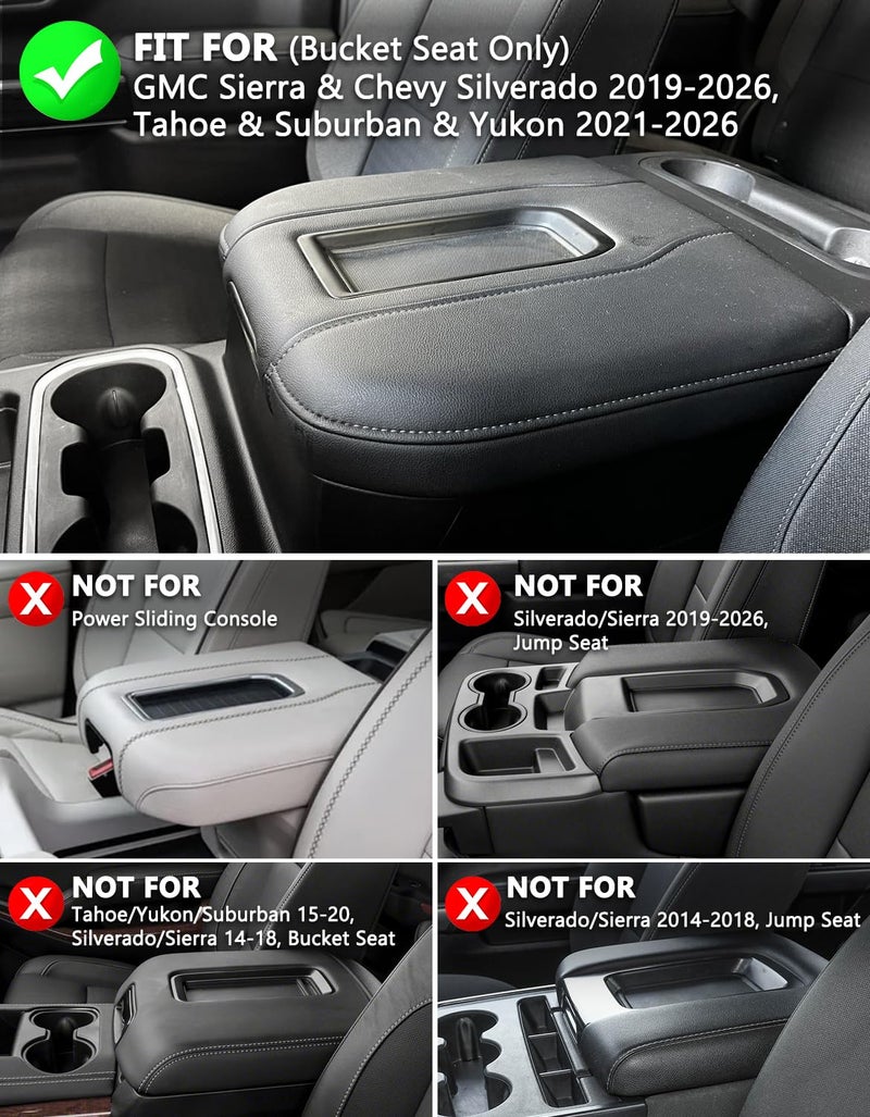 KBH Center Console Armrest Cover for 2019-2026 GMC Sierra & Chevy Silverado, 2021-2026 Tahoe & Suburban & Yukon, Bucket Seat Console Accessories, Black-Gray Stitches - Image 2