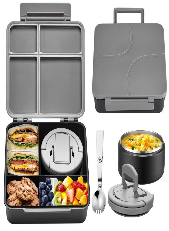 MAXSO Bento Lunch Box Set for Kids with 8 oz Soup Thermo, Leakproof Hot Food Container with 4 Compartments, Insulated Food Jar for Toddler Daycare Boys Girls School - Black - Image 1
