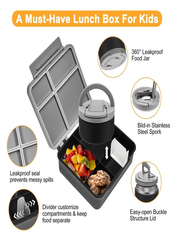 MAXSO Bento Lunch Box Set for Kids with 8 oz Soup Thermo, Leakproof Hot Food Container with 4 Compartments, Insulated Food Jar for Toddler Daycare Boys Girls School - Black - Image 2