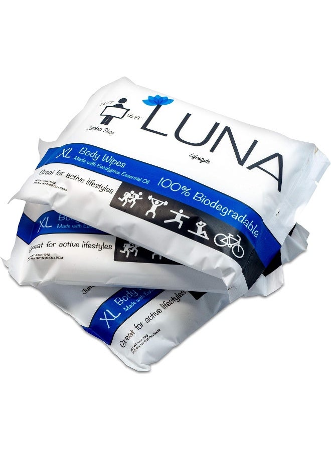 Luna Lifestyle Luna Lifestyle XL Wet Wipe Cleansing Body Wipes All Natural - 3 Pack Individual Pouches - Gentle & Unscented - No Rinse Bathing and Shower Wipe - Great for After Workout, Camping, Travel, Yoga, Gym - Image 2