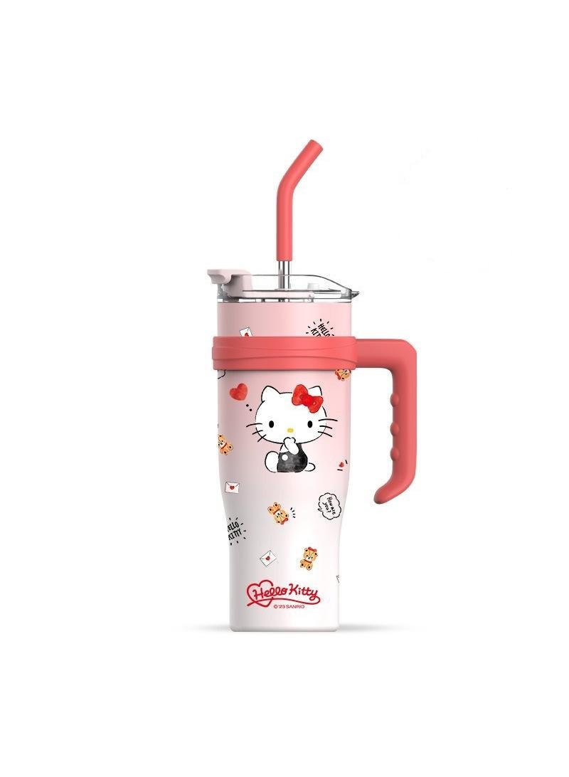 Y&D كوب هالو كيتي القابل لإعادة الاستخدام بتقنية الفراغ، كوب سعة ٤٠ أونصة، كوب فراغ بسعة كبيرة مع مصاصة للحفاظ على الحرارة والبرودة، كوب ثلج كبير، شاي مثلج أو قهوة، سموزي والمزيد، كريمة، ٤٠ أونصة - Image 1