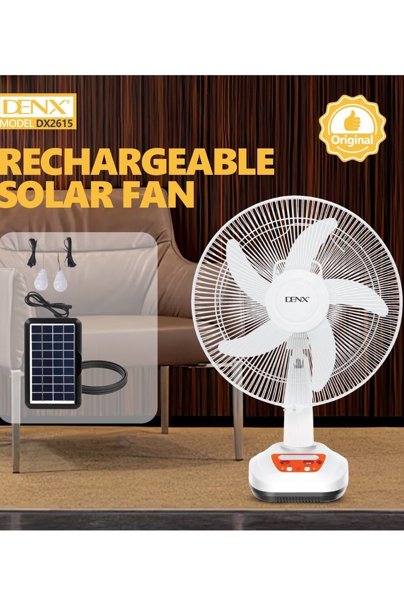 Denx 16-inch multi-function fan - rechargeable battery, solar power, USB port and additional lighting - Image 1