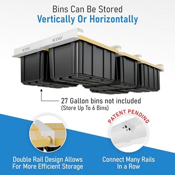 HANDT Usa Based Overhead Garage Storage Rack, Connectable Heavy Duty Metal Ceiling Rails Garage Storage Organization Shelving System, Hanging Racks Tote Containers, Supports Up To 6 Bins, 4 Sets White - Image 2