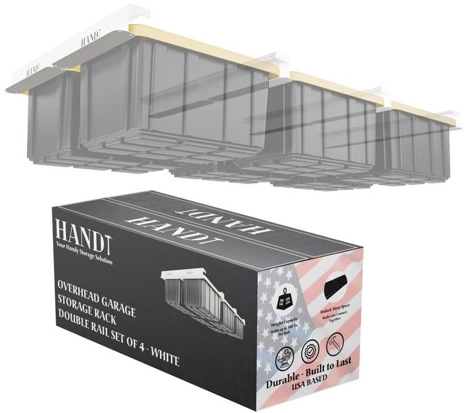 HANDT Usa Based Overhead Garage Storage Rack, Connectable Heavy Duty Metal Ceiling Rails Garage Storage Organization Shelving System, Hanging Racks Tote Containers, Supports Up To 6 Bins, 4 Sets White - Image 4