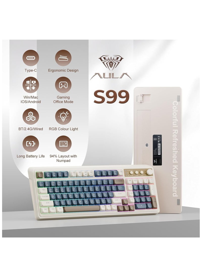 AULA S99 Keys Gaming Keyboard, Tri-Mode Bluetooth/2.4GHz/USB-C Retro Creamy Color Keyboard with Number Pad RGB, Media Knob Custom Programmable Membrane Computer Keyboard for MAC Xbox PC Gamer - Blue - pzsku/Z5B37C71DE1F292836F02Z/45/_/1739439441/1e3e2b7c-89a7-413a-aa1a-aee9436a34ed