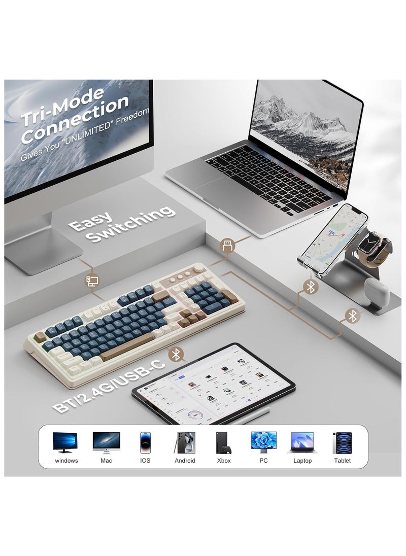 AULA AULA S99 Keys Gaming Keyboard, Tri-Mode Bluetooth/2.4GHz/USB-C Retro Creamy Color Keyboard with Number Pad RGB, Media Knob Custom Programmable Membrane Computer Keyboard for MAC Xbox PC Gamer - Blue  - Image 3