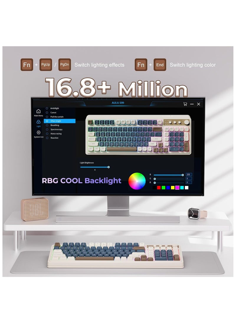 AULA S99 Keys Gaming Keyboard, Tri-Mode Bluetooth/2.4GHz/USB-C Retro Creamy Color Keyboard with Number Pad RGB, Media Knob Custom Programmable Membrane Computer Keyboard for MAC Xbox PC Gamer - Blue