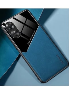 Case Compatible With Oppo Reno 8T 5G Cover Luxury Leather And Glass With Car Magnetic Holder Phone Cover Soft Frame Silicone (Blue)