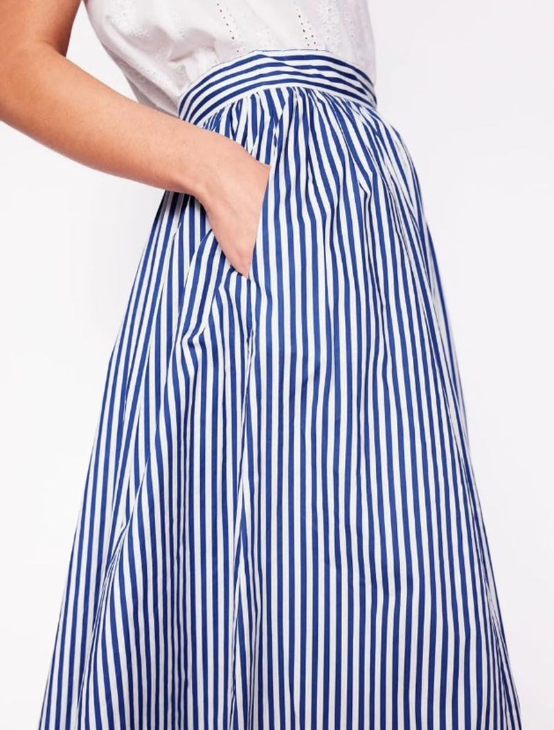 CHARTOU Women Casual Stripe Skirt Back Elastic Waist Long Flowy A Line Skirt with Pockets (Medium,Blue) - Image 2