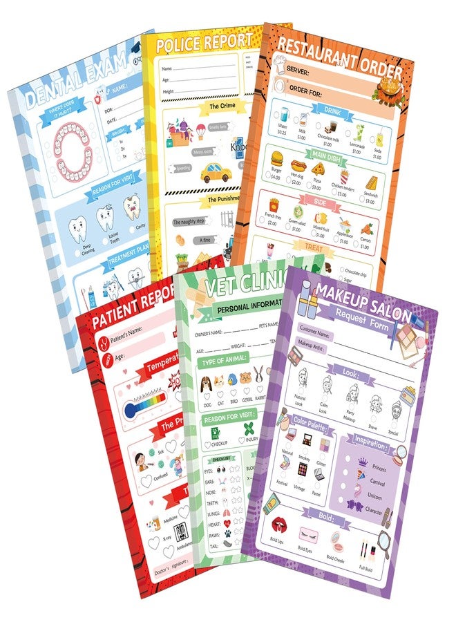 SMARSTICKER Pretend Play Notepads 6 Pack Playtime Pads Pretend Notebooks Imaginative Restaurant Doctor Police Vet Dentist Role Play Game Notepads for Boys & Girls - Image 1