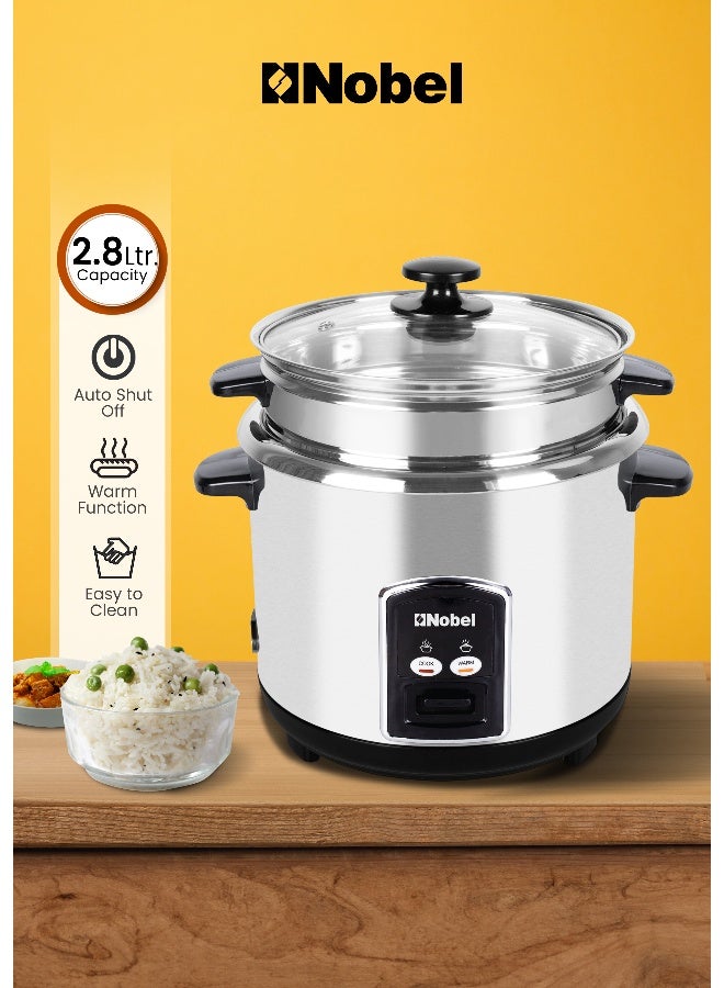 Nobel Rice Cooker Stainless Steel Tempered Glass Lid With Thermal Fuse Automatic Cooking And Warming System  1000 W 2.8 L 1000 W NRC280S Stainless Steel - Image 1