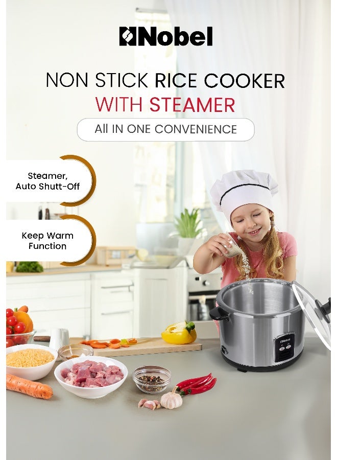 Nobel Rice Cooker Stainless Steel Tempered Glass Lid With Thermal Fuse Automatic Cooking And Warming System  1000 W 2.8 L 1000 W NRC280S Stainless Steel - Image 2