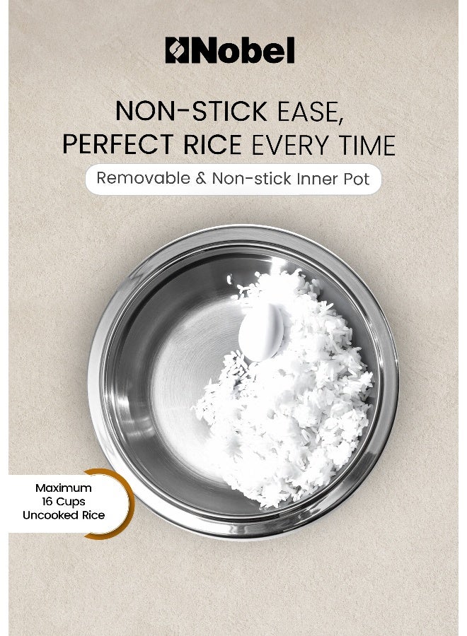 Nobel Rice Cooker Stainless Steel Tempered Glass Lid With Thermal Fuse Automatic Cooking And Warming System  1000 W 2.8 L 1000 W NRC280S Stainless Steel - Image 4