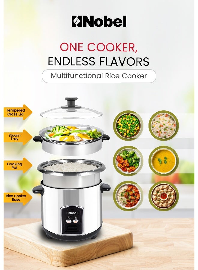Nobel Rice Cooker Stainless Steel Tempered Glass Lid With Thermal Fuse Automatic Cooking And Warming System  1000 W 2.8 L 1000 W NRC280S Stainless Steel - Image 3
