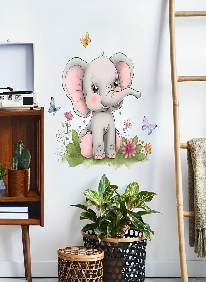 Monk Wish Cute Baby Elephant Wall Decal, 60 x 60 cm, Nursery Room Sticker with Butterflies and Flowers - Image 4