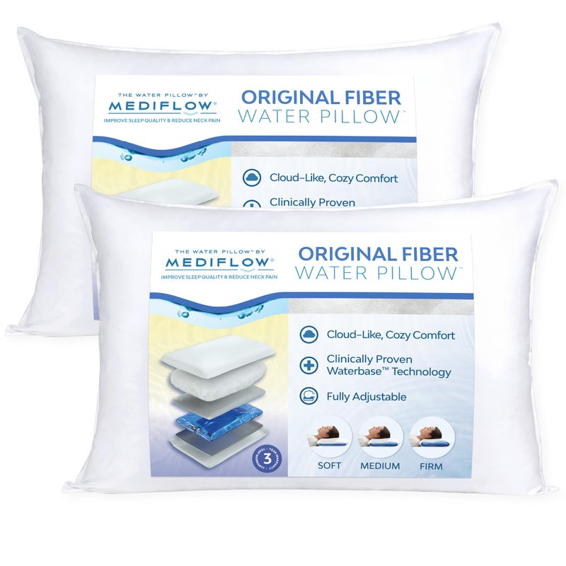 MEDIFLOW Mediflow Fiber Water Pillow  Adjustable Pillow for Neck Pain Relief Pillow for Side Back and Stomach Sleepers The Original Inventor of The Water Pillow Clinically Proven Bed Pillow 2 Pillows 