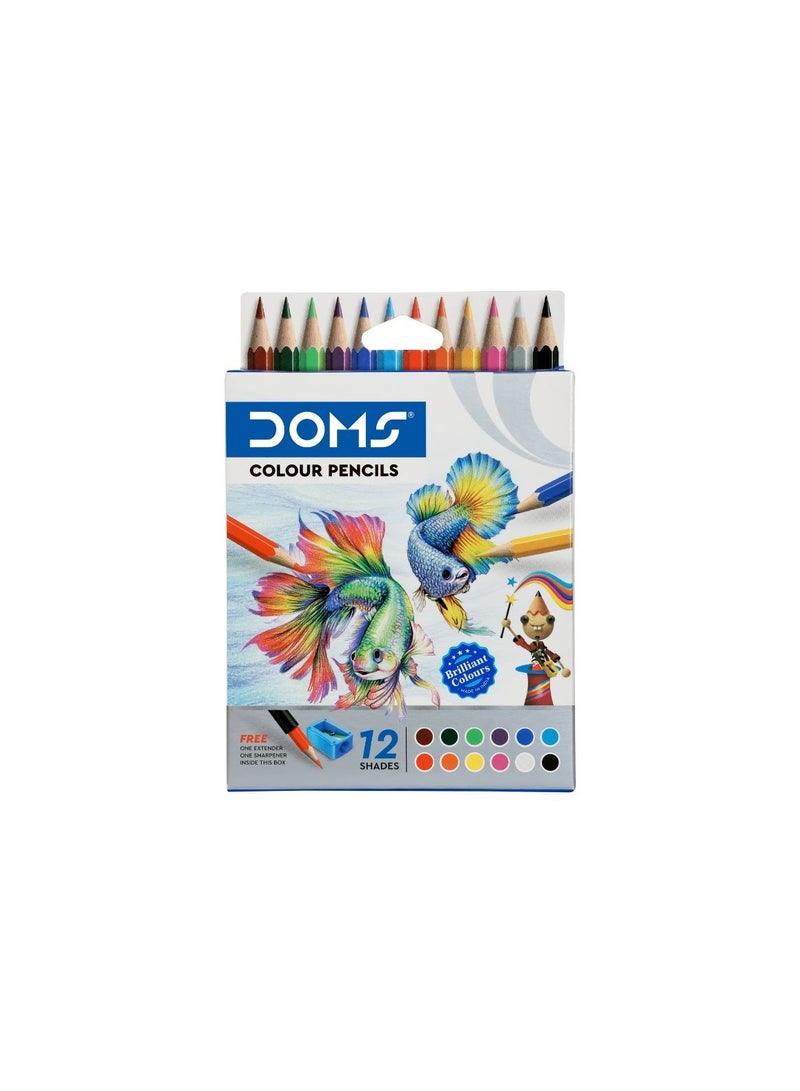 DOMS Wooden Colour Half Sized N Extra Small Pack Of 12 Shades with One Extender and Sharpener Free - Image 1