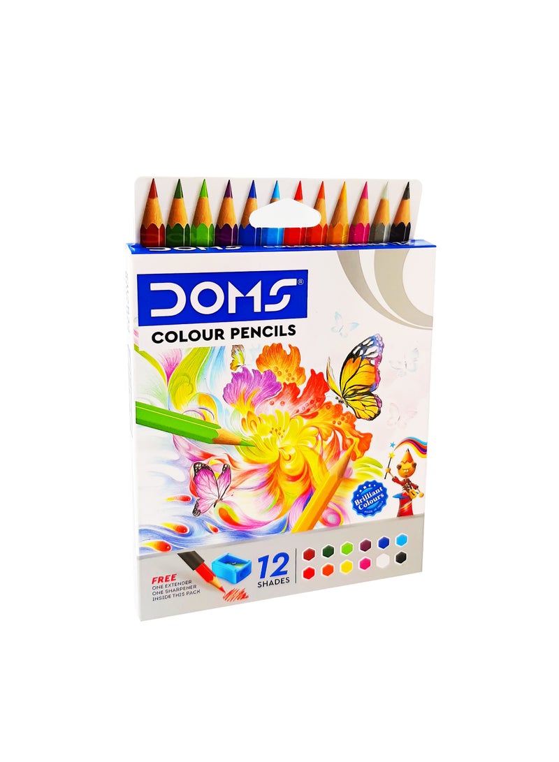 DOMS Wooden Colour Half Sized N Extra Small Pack Of 12 Shades with One Extender and Sharpener Free - Image 3