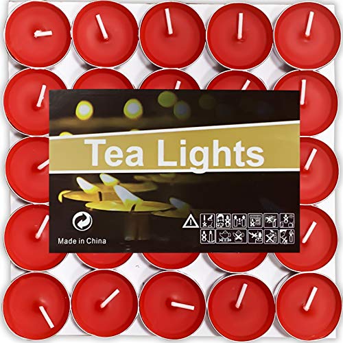 OUO Tea Lights - 50 Pack Smokeless, Dripless & Long Lasting Mini Tealight Candles for Mood, Dinners, Parties, Home Decoration, Wedding, Crafts (Red) - Image 1