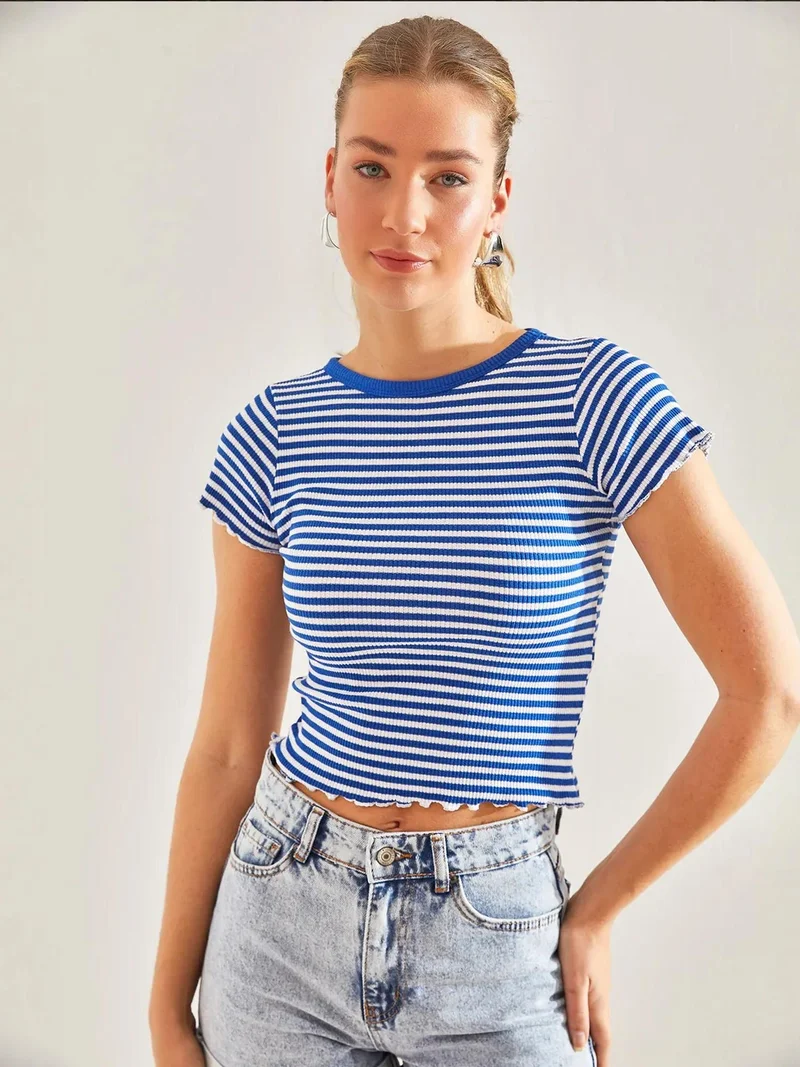 Bianco Lucci LUCCI Striped Crew Neck Short Sleeve Top