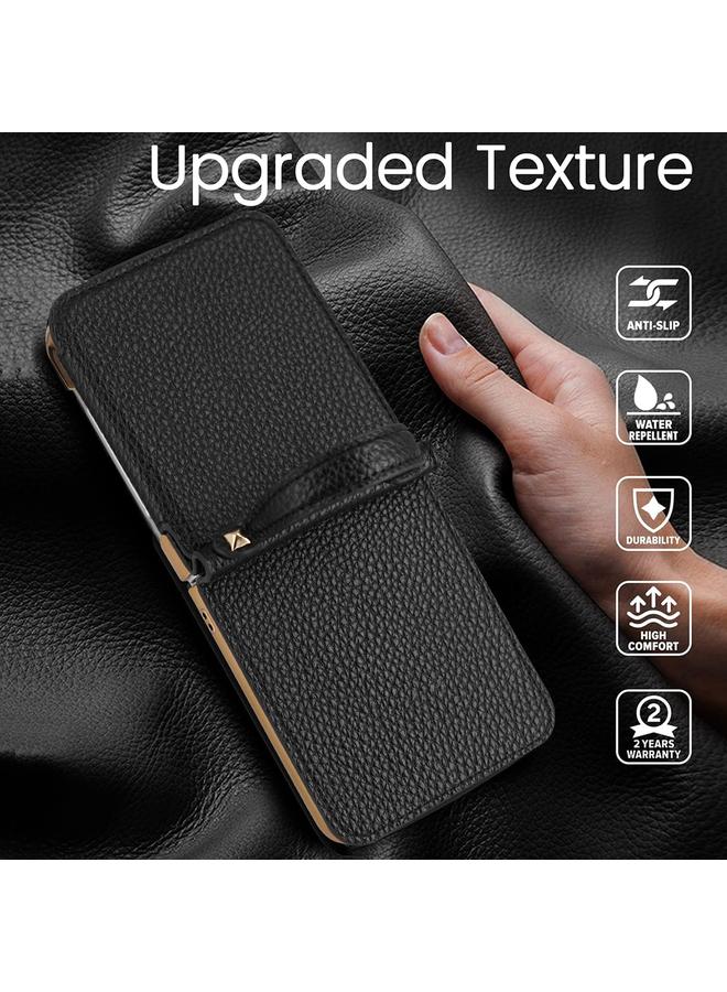 اس-توب جراب لهاتف Samsung Galaxy Z Flip5 بنمط الليتشي مع مرآة مكياج من البولي يوريثان مع وشاح حريري - Image 5