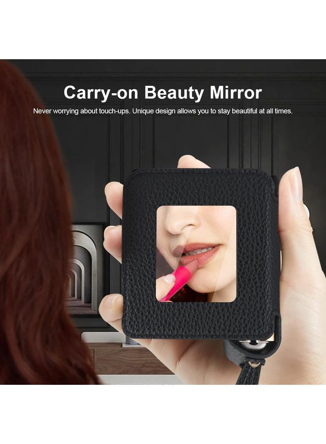 اس-توب جراب لهاتف Samsung Galaxy Z Flip5 بنمط الليتشي مع مرآة مكياج من البولي يوريثان مع وشاح حريري - Image 3