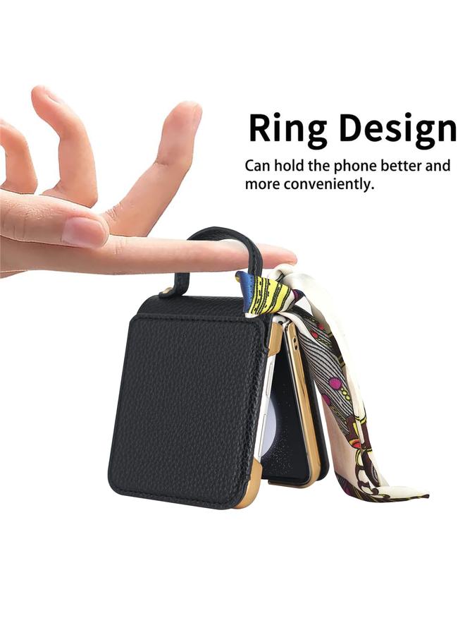 اس-توب جراب لهاتف Samsung Galaxy Z Flip5 بنمط الليتشي مع مرآة مكياج من البولي يوريثان مع وشاح حريري - Image 4