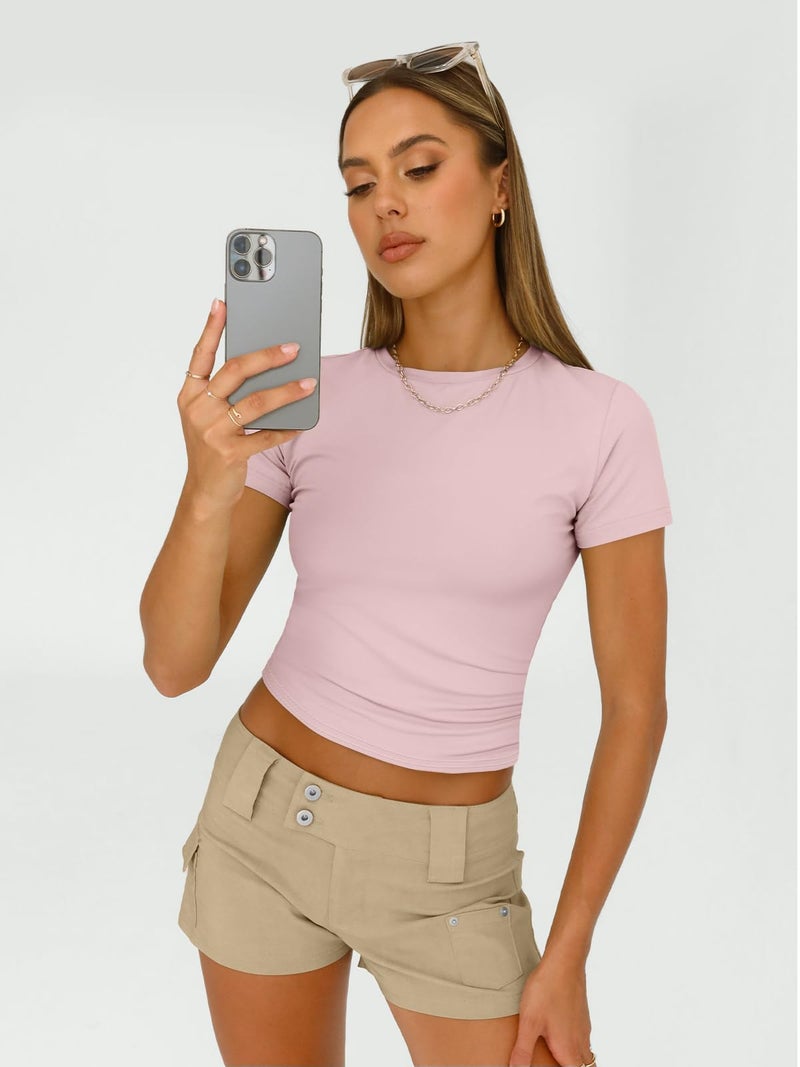 AUTOMET Womens 3 Piece Short Sleeve Shirts Basic Going Out Slim Fitted Crop Tops 2026 Summer Y2k Spring Clothes Black,White,Pink S - Image 3