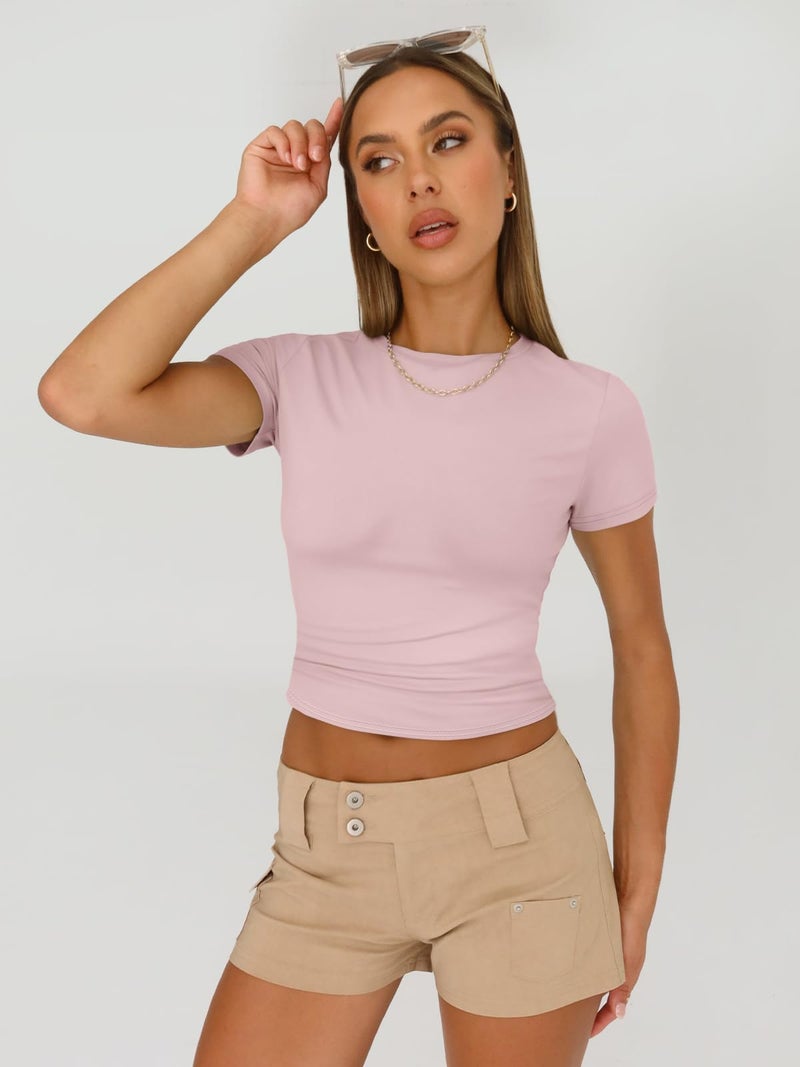 AUTOMET Womens 3 Piece Short Sleeve Shirts Basic Going Out Slim Fitted Crop Tops 2026 Summer Y2k Spring Clothes Black,White,Pink S - Image 4