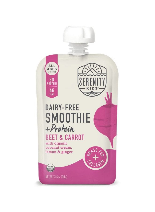 Serenity Kids 6+ Months Dairy-Free Smoothie Baby Food | USDA Organic | Grass Fed Collagen Protein | 3.5 Ounce BPA-Free Pouch | Beet & Carrot | 1 Count - Image 1