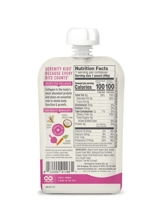 Serenity Kids 6+ Months Dairy-Free Smoothie Baby Food | USDA Organic | Grass Fed Collagen Protein | 3.5 Ounce BPA-Free Pouch | Beet & Carrot | 1 Count - Image 2