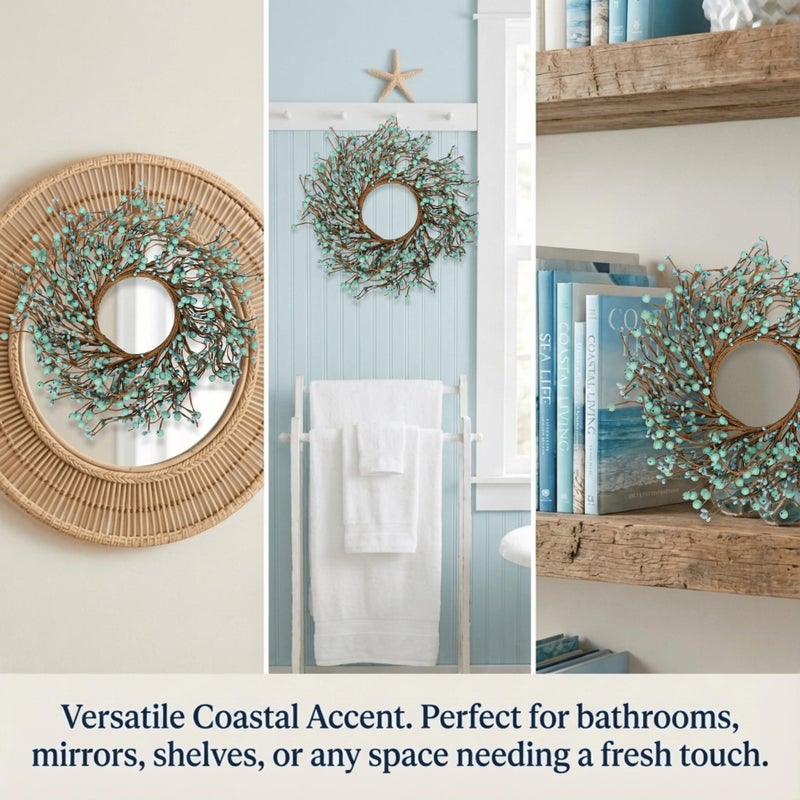 Quixem 15" Teal Blue Pip Berry Wreath Ring (in Dia 4.5â€œ), Rustic Aqua Artificial Mini Wreath for 3" Pillars, Coastal Farmhouse Cabinet Decor, Spring Summer Centerpiece - Image 4