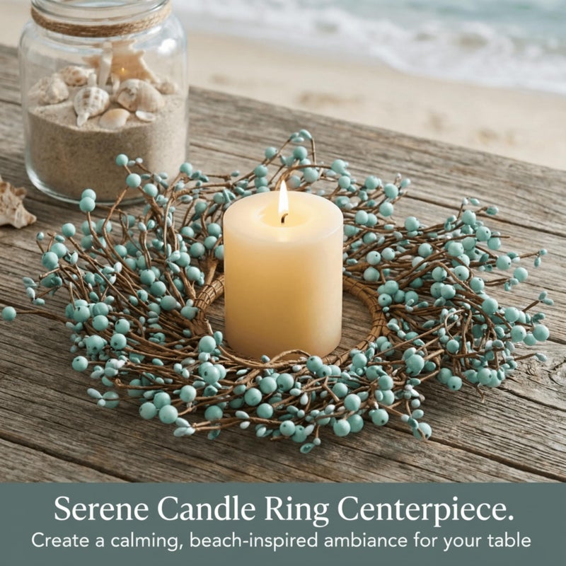 Quixem 15" Teal Blue Pip Berry Wreath Ring (in Dia 4.5â€œ), Rustic Aqua Artificial Mini Wreath for 3" Pillars, Coastal Farmhouse Cabinet Decor, Spring Summer Centerpiece - Image 5