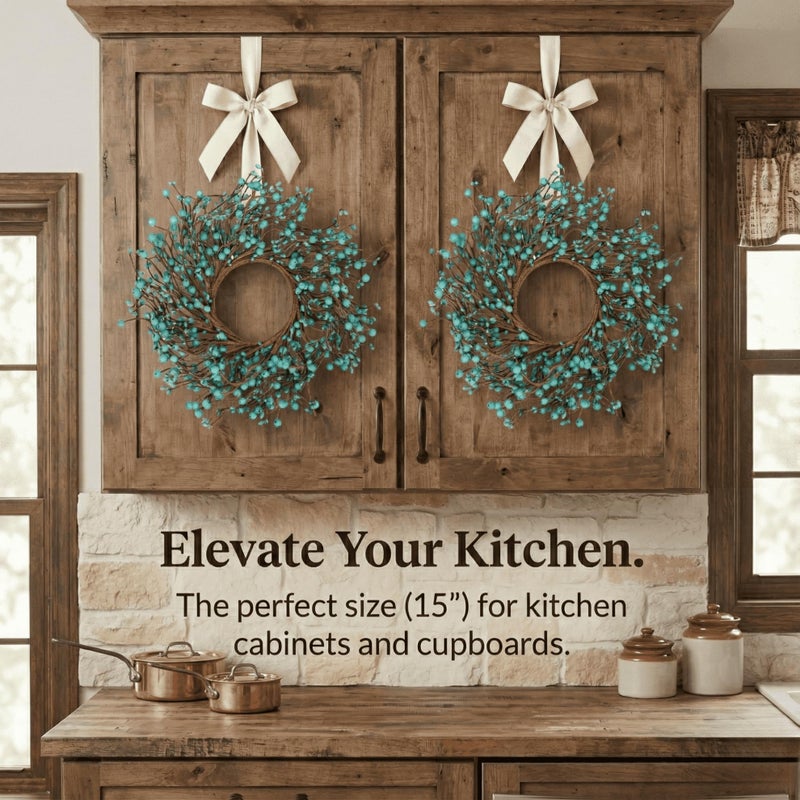 Quixem 15" Teal Blue Pip Berry Wreath Ring (in Dia 4.5â€œ), Rustic Aqua Artificial Mini Wreath for 3" Pillars, Coastal Farmhouse Cabinet Decor, Spring Summer Centerpiece - Image 3