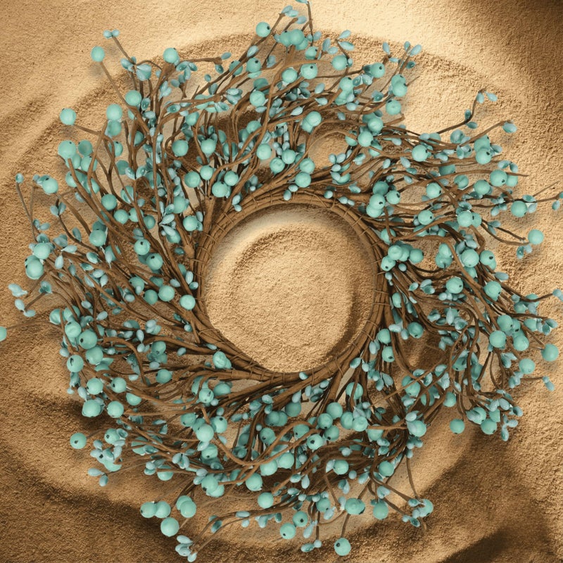 Quixem 15" Teal Blue Pip Berry Wreath Ring (in Dia 4.5â€œ), Rustic Aqua Artificial Mini Wreath for 3" Pillars, Coastal Farmhouse Cabinet Decor, Spring Summer Centerpiece - Image 1