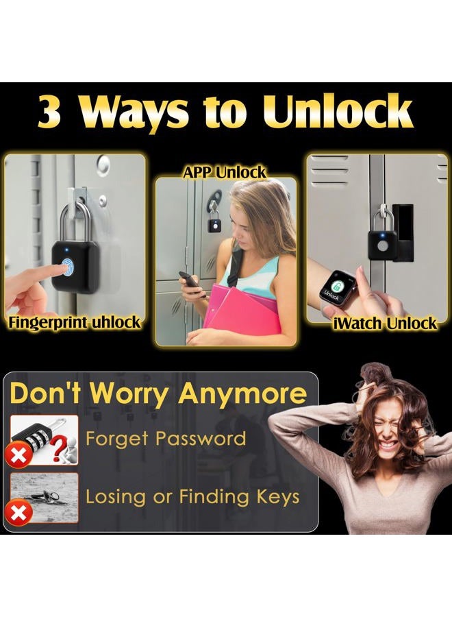 Pothunder Fingerprint Padlock, Padlock, Locker Lock, Combination Lock, Fingerprint Lock with APP Unlock, USB Rechargeable, Suitable for Gym Locker, Gate, Door, Locker(Black) - Image 2
