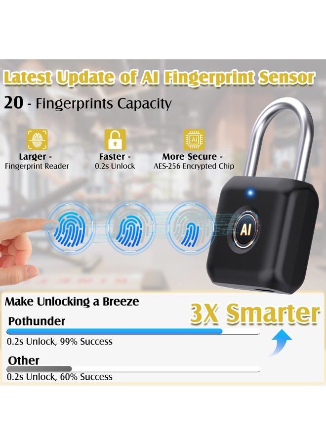 Pothunder Fingerprint Padlock, Padlock, Locker Lock, Combination Lock, Fingerprint Lock with APP Unlock, USB Rechargeable, Suitable for Gym Locker, Gate, Door, Locker(Black) - Image 3