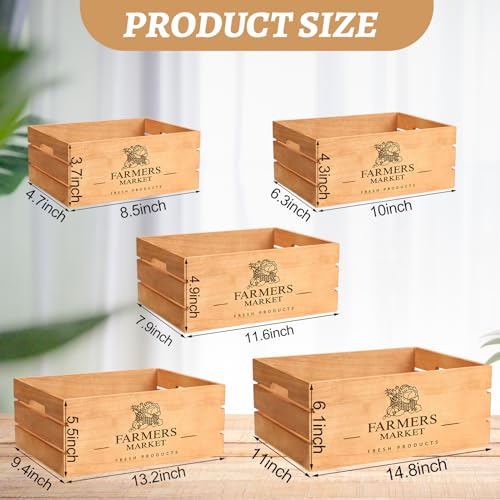 Barydat Set of 5 Wood Crates for Display Decorative Nesting Wooden Crate Storage with Handles Vintage Farmhouse Style Decorative Boxes Multipurpose Fruits Vegetables Boxes(Brown,Classic) - Image 2