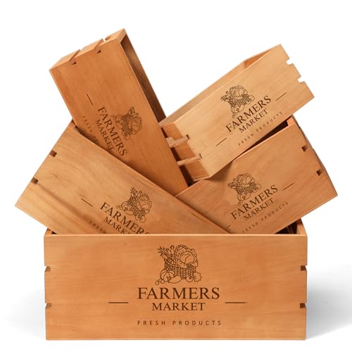 Barydat Set of 5 Wood Crates for Display Decorative Nesting Wooden Crate Storage with Handles Vintage Farmhouse Style Decorative Boxes Multipurpose Fruits Vegetables Boxes(Brown,Classic) - Image 1